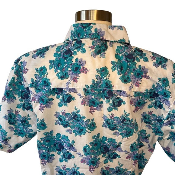 Vintage 90s floral print button down short sleeve shirt white blue M - Picture 5 of 16